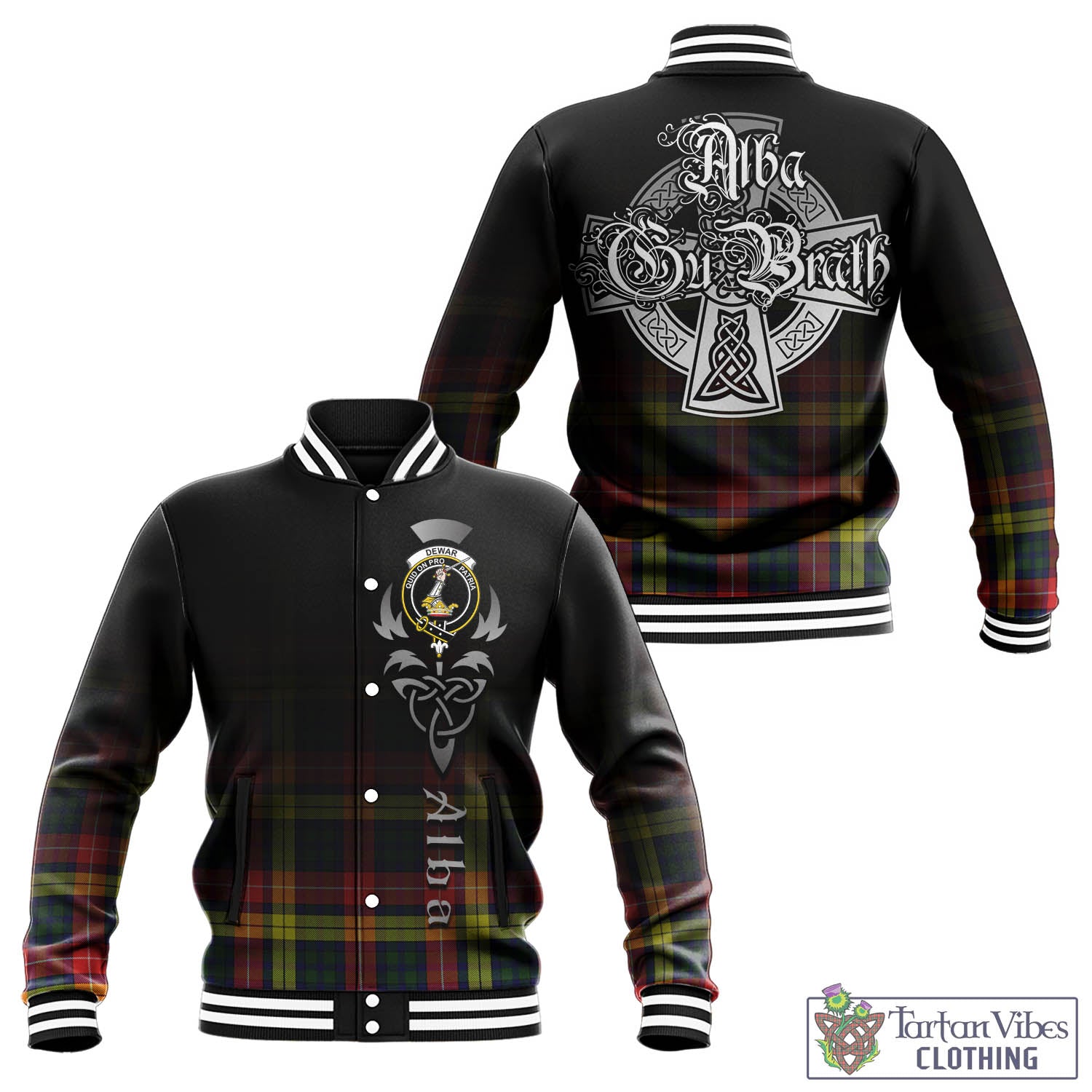 Tartan Vibes Clothing Dewar Tartan Baseball Jacket Featuring Alba Gu Brath Family Crest Celtic Inspired