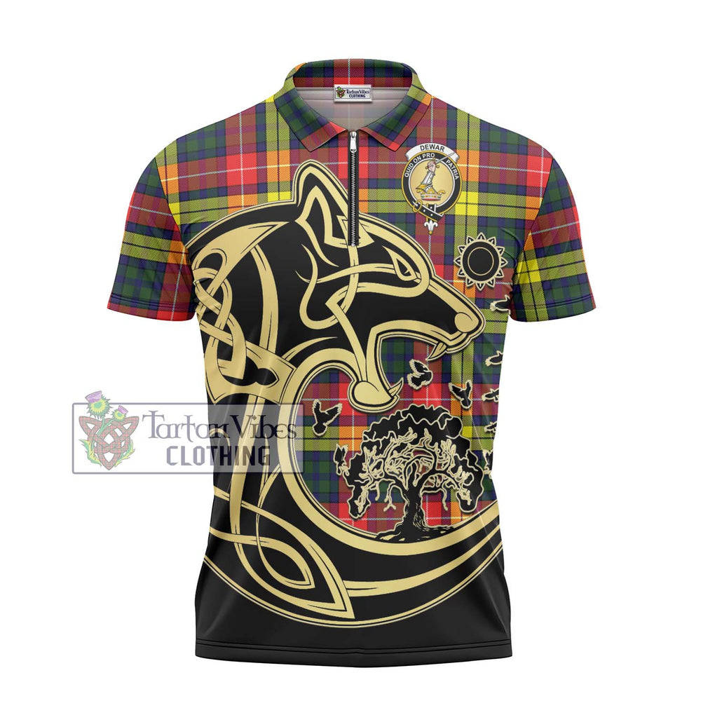 Dewar Tartan Zipper Polo Shirt with Family Crest Celtic Wolf Style - Tartanvibesclothing Shop