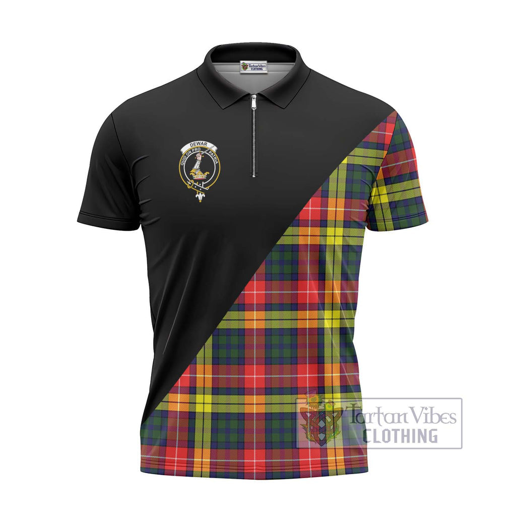 Dewar Tartan Zipper Polo Shirt with Family Crest and Military Logo Style - Tartanvibesclothing Shop