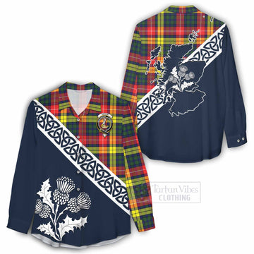 Dewar Tartan Women's Casual Shirt Featuring Thistle and Scotland Map