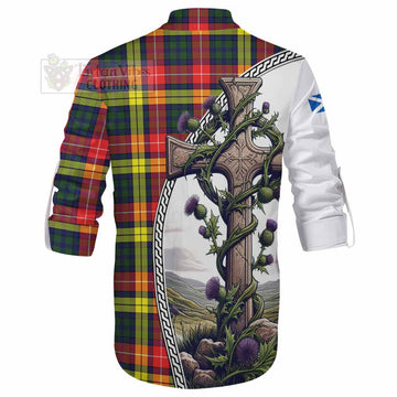 Dewar Tartan Ghillie Kilt Shirt with Family Crest and St. Andrew's Cross Accented by Thistle Vines