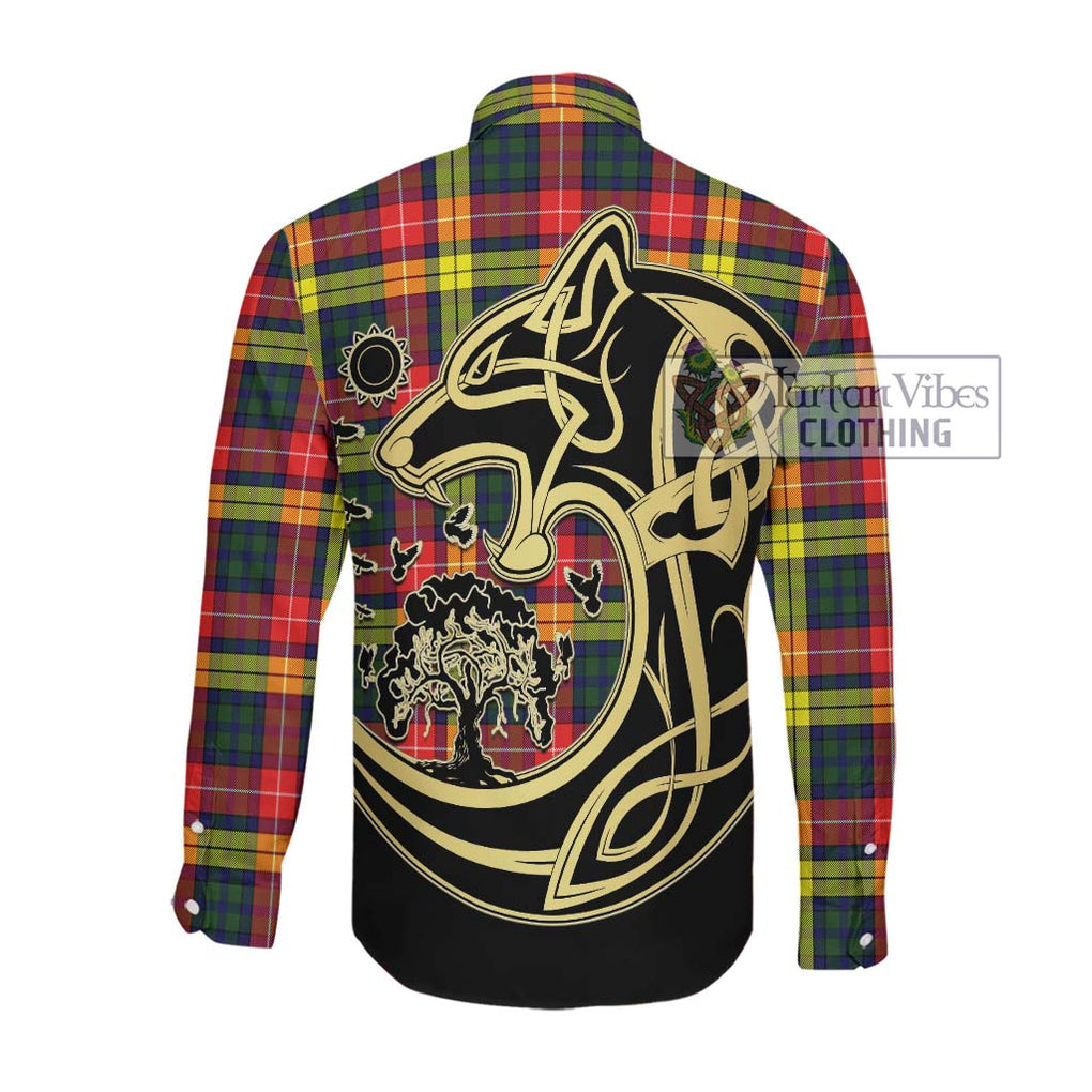 Dewar Tartan Long Sleeve Button Shirt with Family Crest Celtic Wolf Style Men's Shirt - Tartan Vibes Clothing