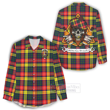 Dewar Tartan Women's Casual Shirt with Family Crest and Bearded Skull Holding Bottles of Whiskey