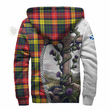 Dewar Tartan Sherpa Hoodie with Family Crest and St. Andrew's Cross Accented by Thistle Vines