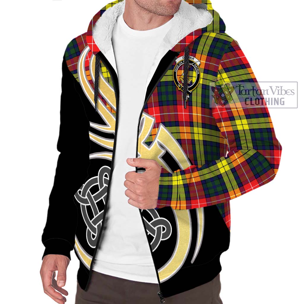 Dewar Tartan Sherpa Hoodie with Family Crest and Celtic Symbol Style - Tartan Vibes Clothing