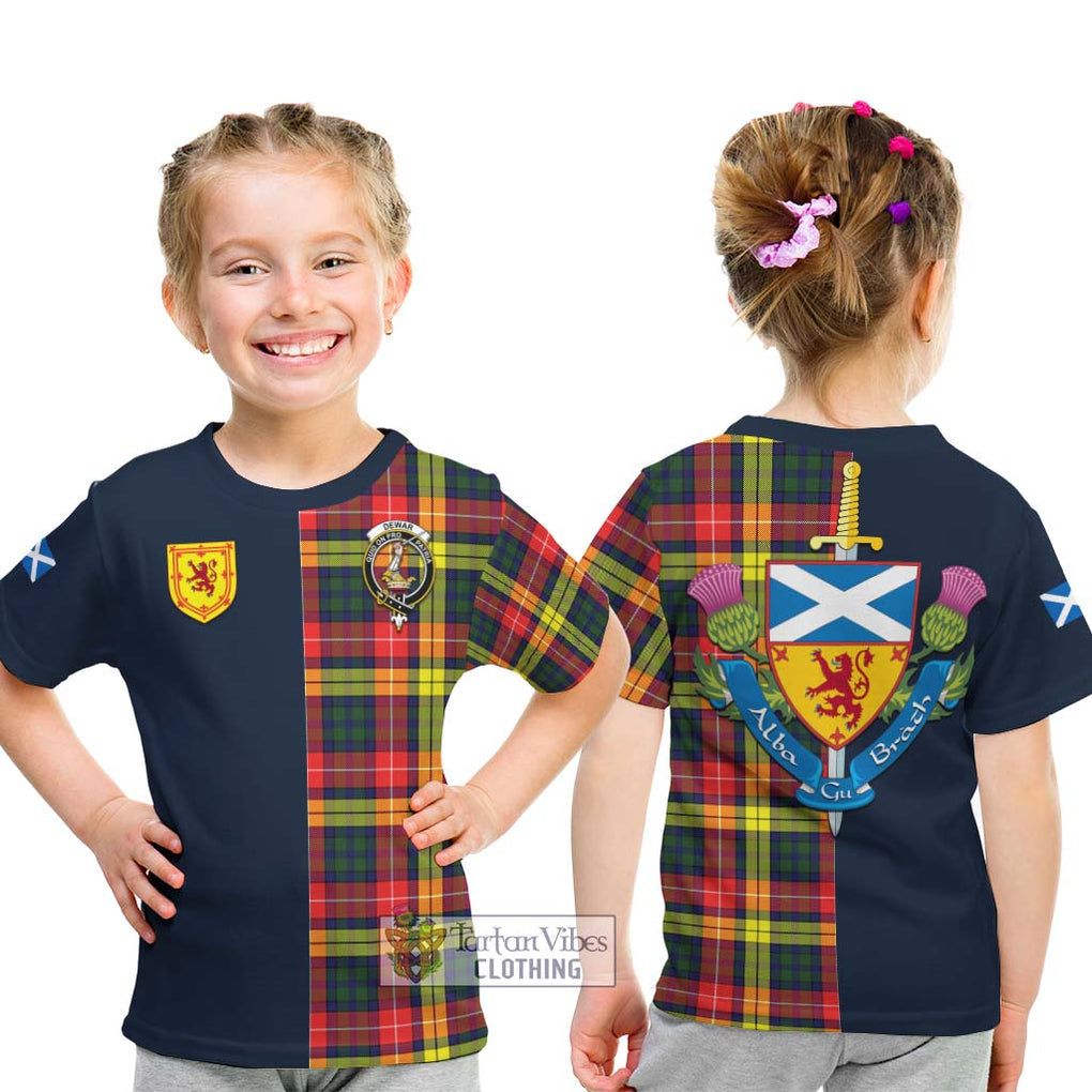 Tartan Vibes Clothing Dewar Tartan Kid T-Shirt with Scottish Lion Royal Arm Half Style