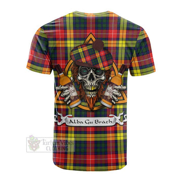 Dewar Tartan Cotton T-shirt with Family Crest and Bearded Skull Holding Bottles of Whiskey