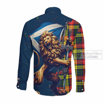 Dewar Tartan Family Crest Long Sleeve Button Shirt with Scottish Majestic Lion