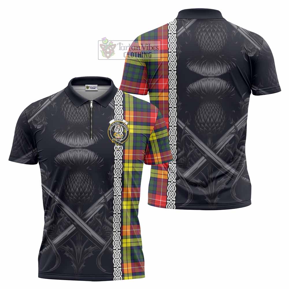 Tartan Vibes Clothing Dewar Tartan Zipper Polo Shirt with Family Crest Cross Sword Thistle Celtic Vibes