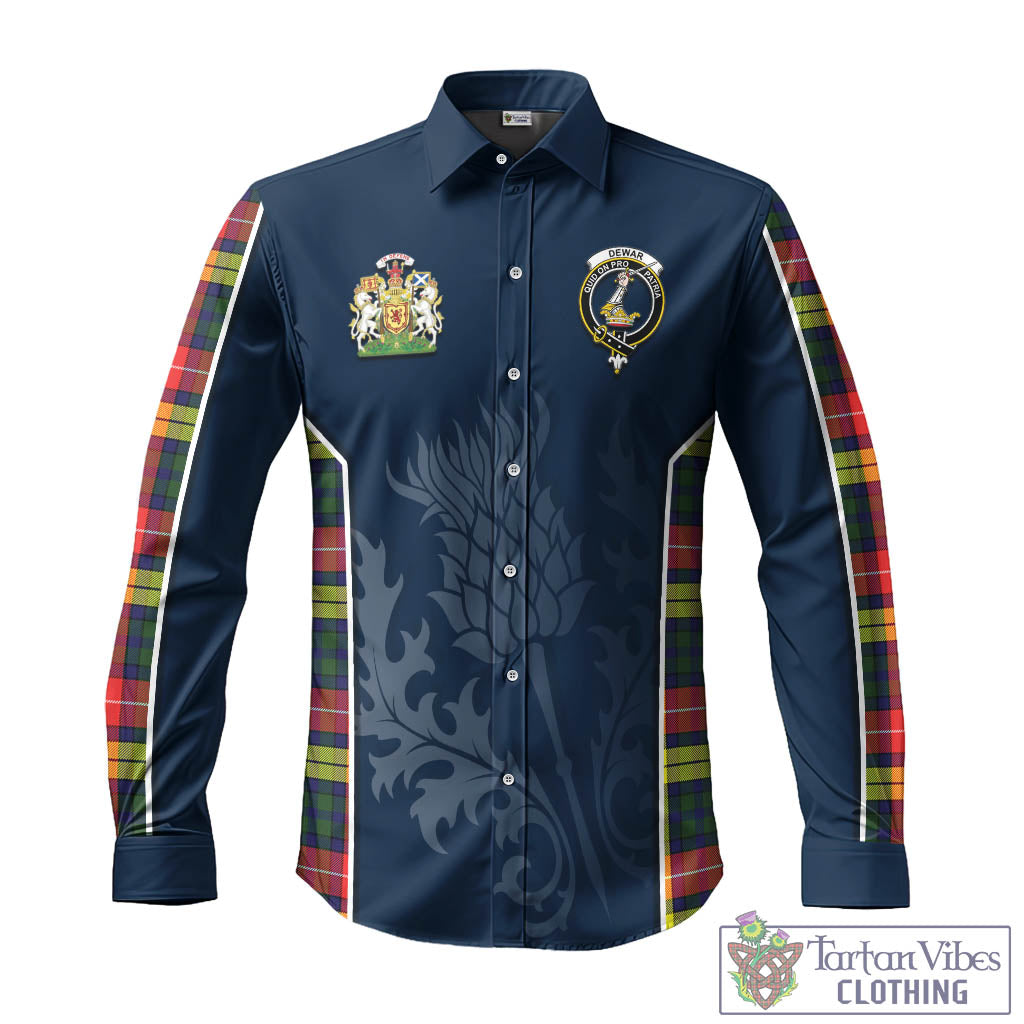 Tartan Vibes Clothing Dewar Tartan Long Sleeve Button Up Shirt with Family Crest and Scottish Thistle Vibes Sport Style