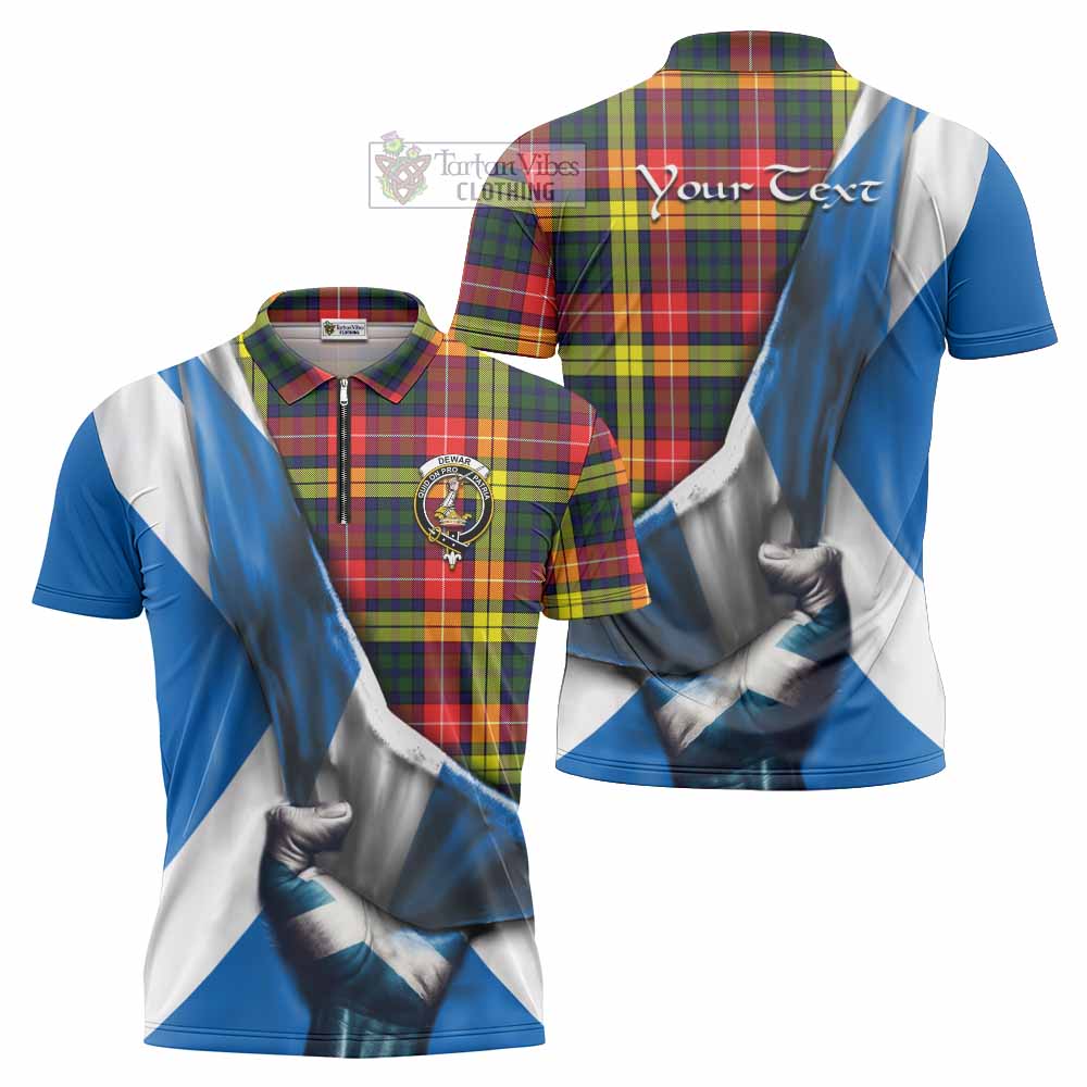 Tartan Vibes Clothing Dewar Tartan Zipper Polo Shirt with Family Crest Scotland Patriotic Style