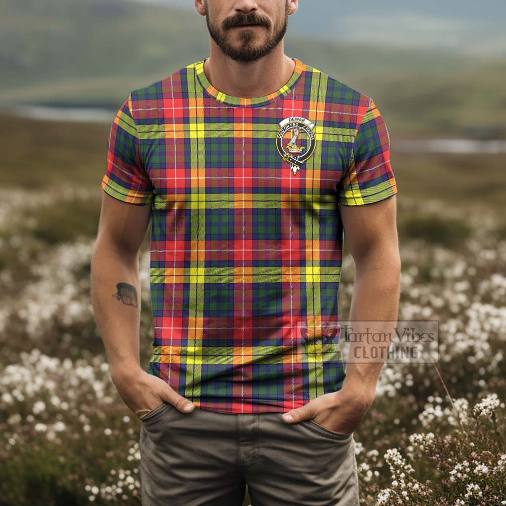 Tartan Vibes Clothing Dewar Tartan T-Shirt with Family Crest and Bearded Skull Holding Bottles of Whiskey