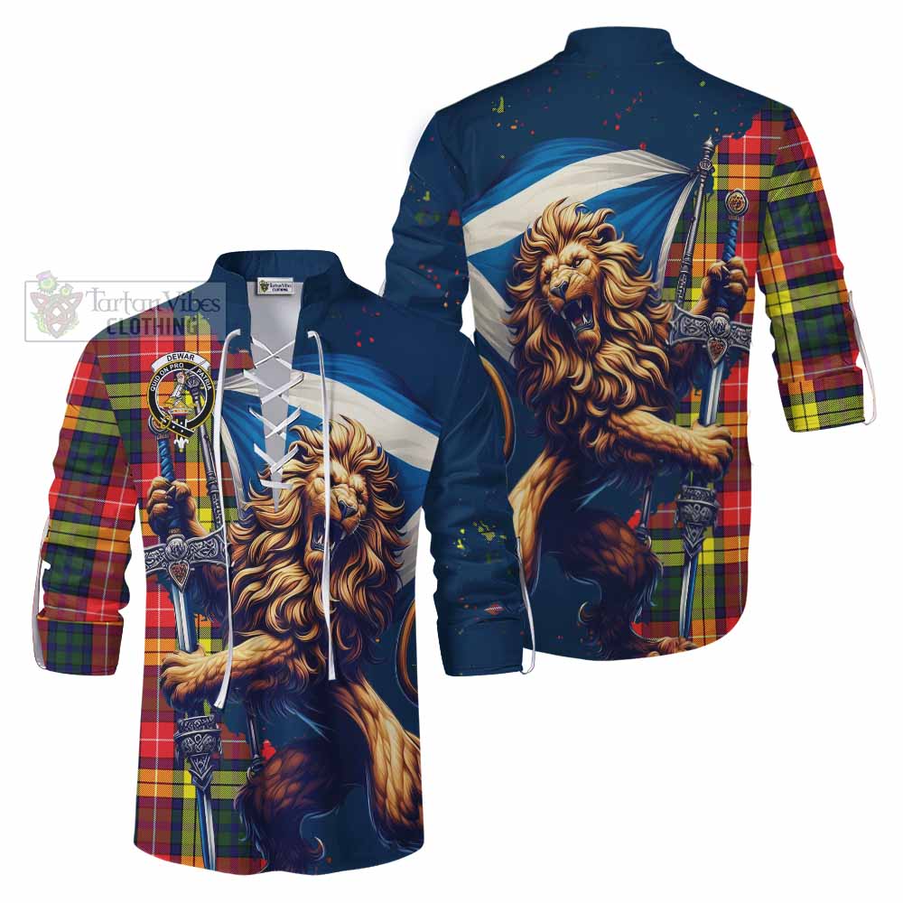 Tartan Vibes Clothing Dewar Tartan Family Crest Ghillie Kilt Shirt with Scottish Majestic Lion