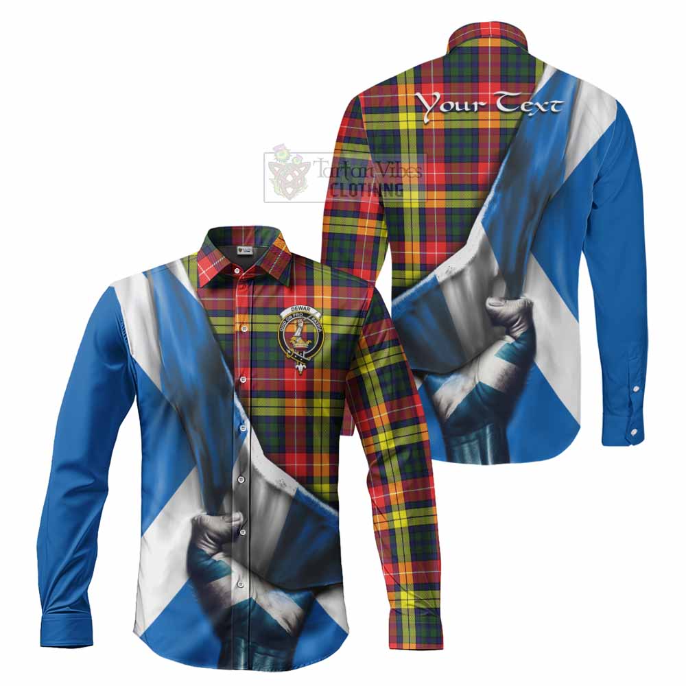 Tartan Vibes Clothing Dewar Tartan Long Sleeve Button Shirt with Family Crest Scotland Patriotic Style