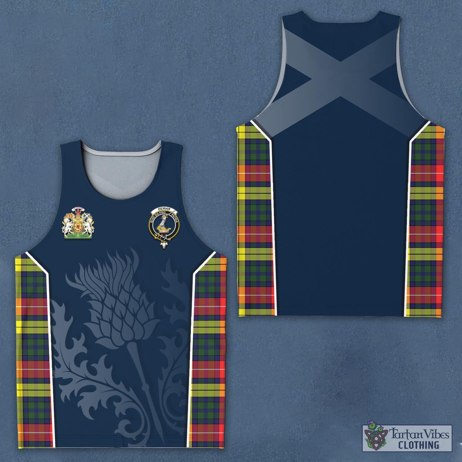 Tartan Vibes Clothing Dewar Tartan Men's Tanks Top with Family Crest and Scottish Thistle Vibes Sport Style