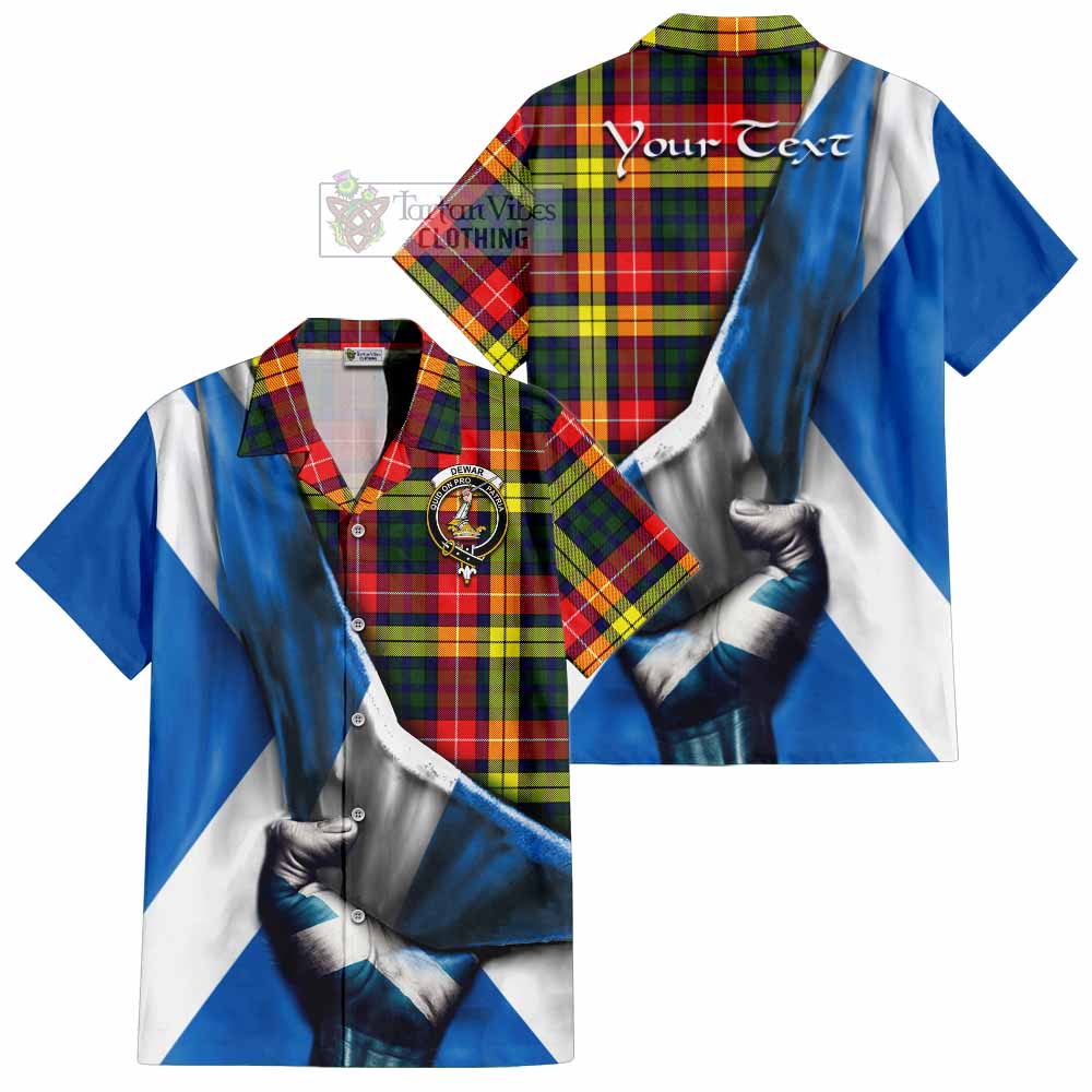 Tartan Vibes Clothing Dewar Tartan Short Sleeve Button Shirt with Family Crest Scotland Patriotic Style