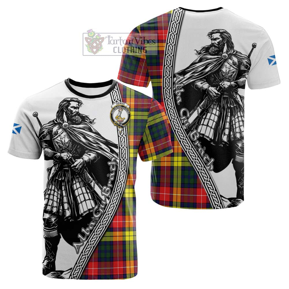 Dewar Tartan Clan Crest Cotton T-shirt with Highlander Warrior Celtic Style