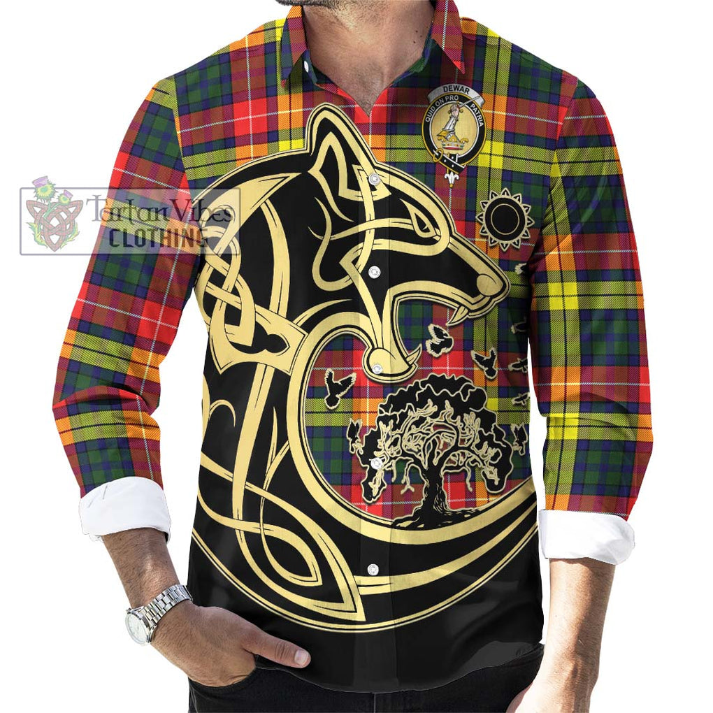 Dewar Tartan Long Sleeve Button Shirt with Family Crest Celtic Wolf Style - Tartan Vibes Clothing