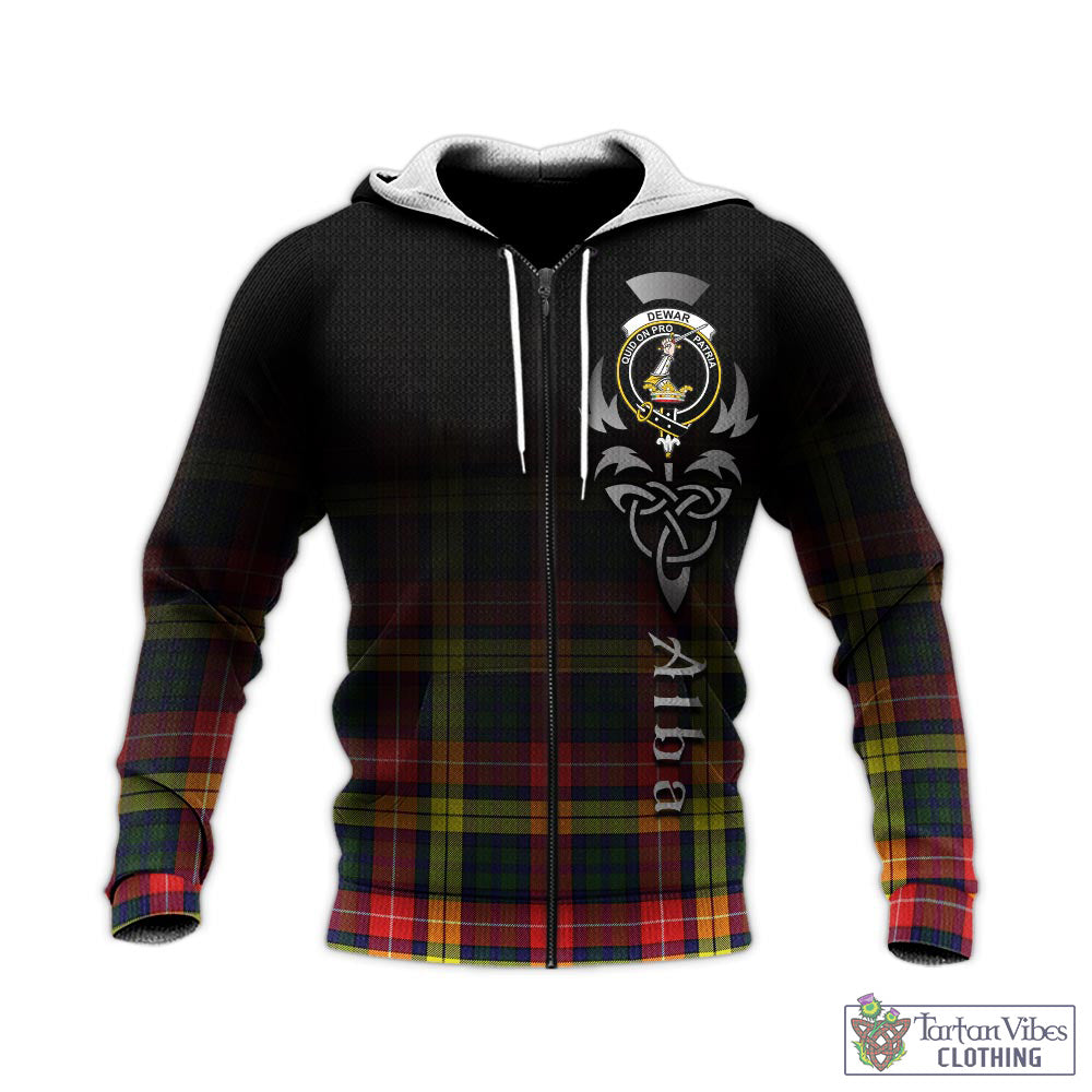 Tartan Vibes Clothing Dewar Tartan Knitted Hoodie Featuring Alba Gu Brath Family Crest Celtic Inspired