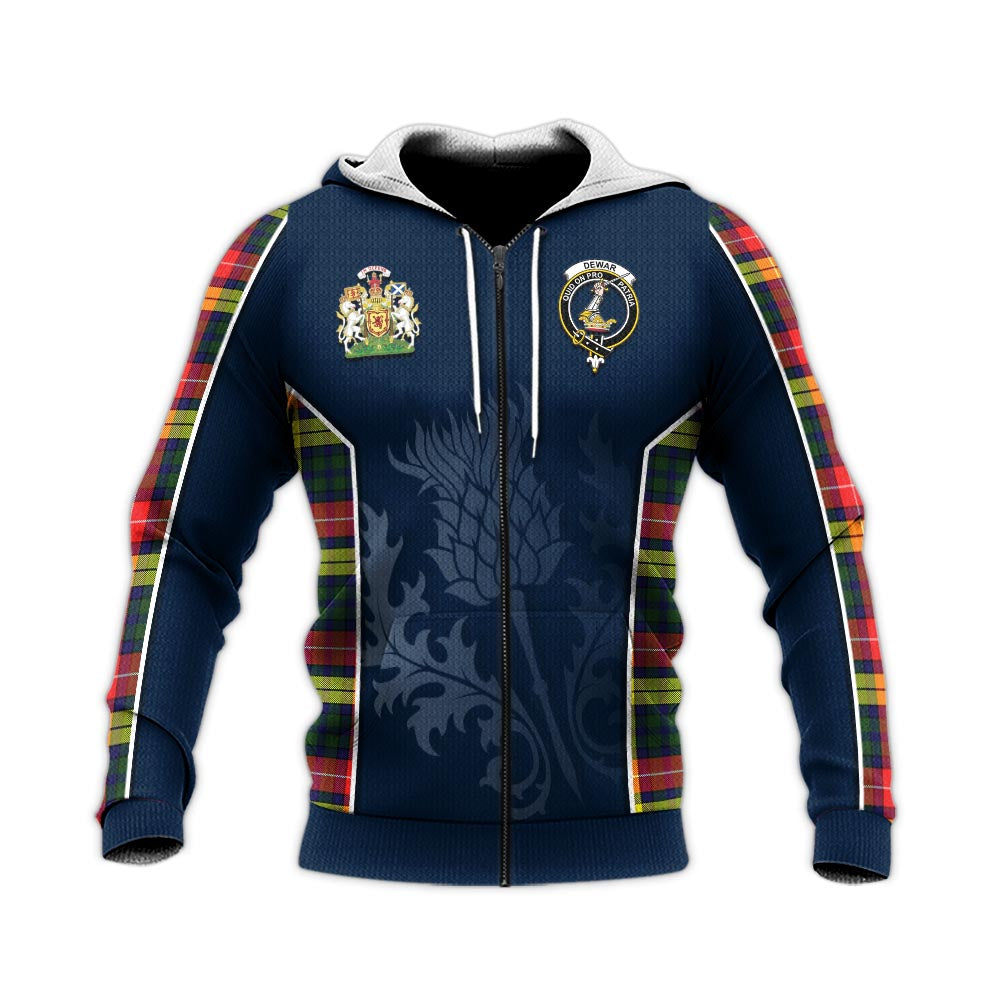 Tartan Vibes Clothing Dewar Tartan Knitted Hoodie with Family Crest and Scottish Thistle Vibes Sport Style