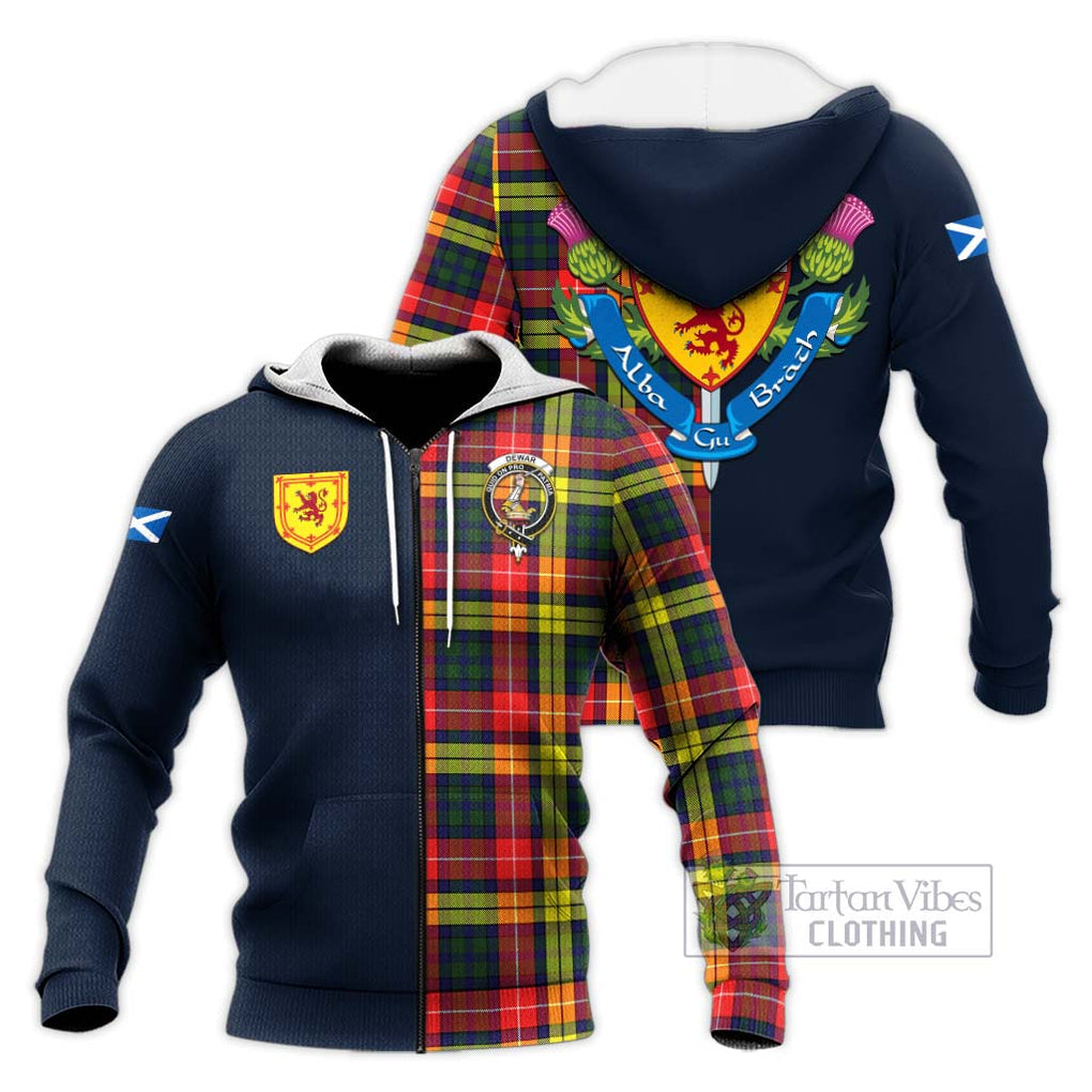 Tartan Vibes Clothing Dewar Tartan Knitted Hoodie with Scottish Lion Royal Arm Half Style