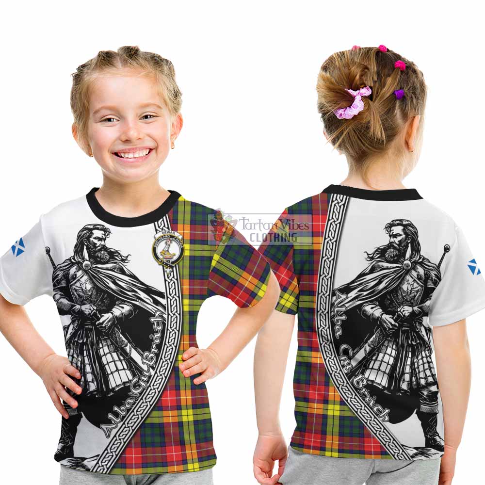 Dewar Tartan Clan Crest Kid T-Shirt with Highlander Warrior Celtic Style