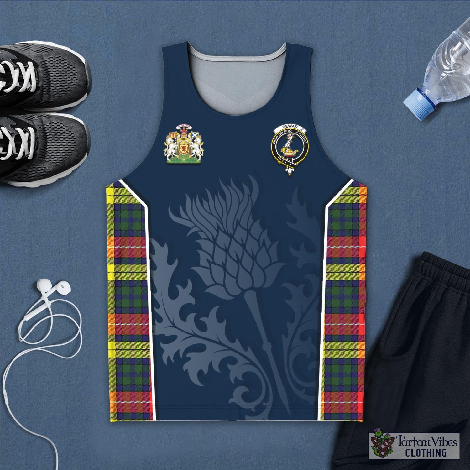 Tartan Vibes Clothing Dewar Tartan Men's Tanks Top with Family Crest and Scottish Thistle Vibes Sport Style