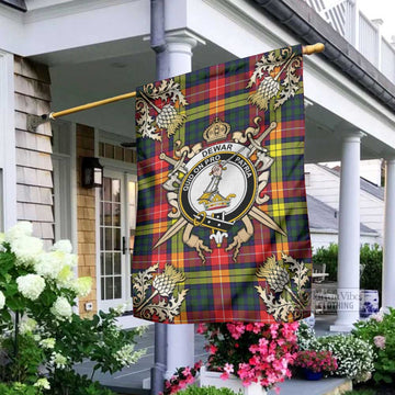 Dewar Tartan Garden Flag with Family Crest and Golden Thistle Crossed Sword Design - Tartan Vibes Clothing
