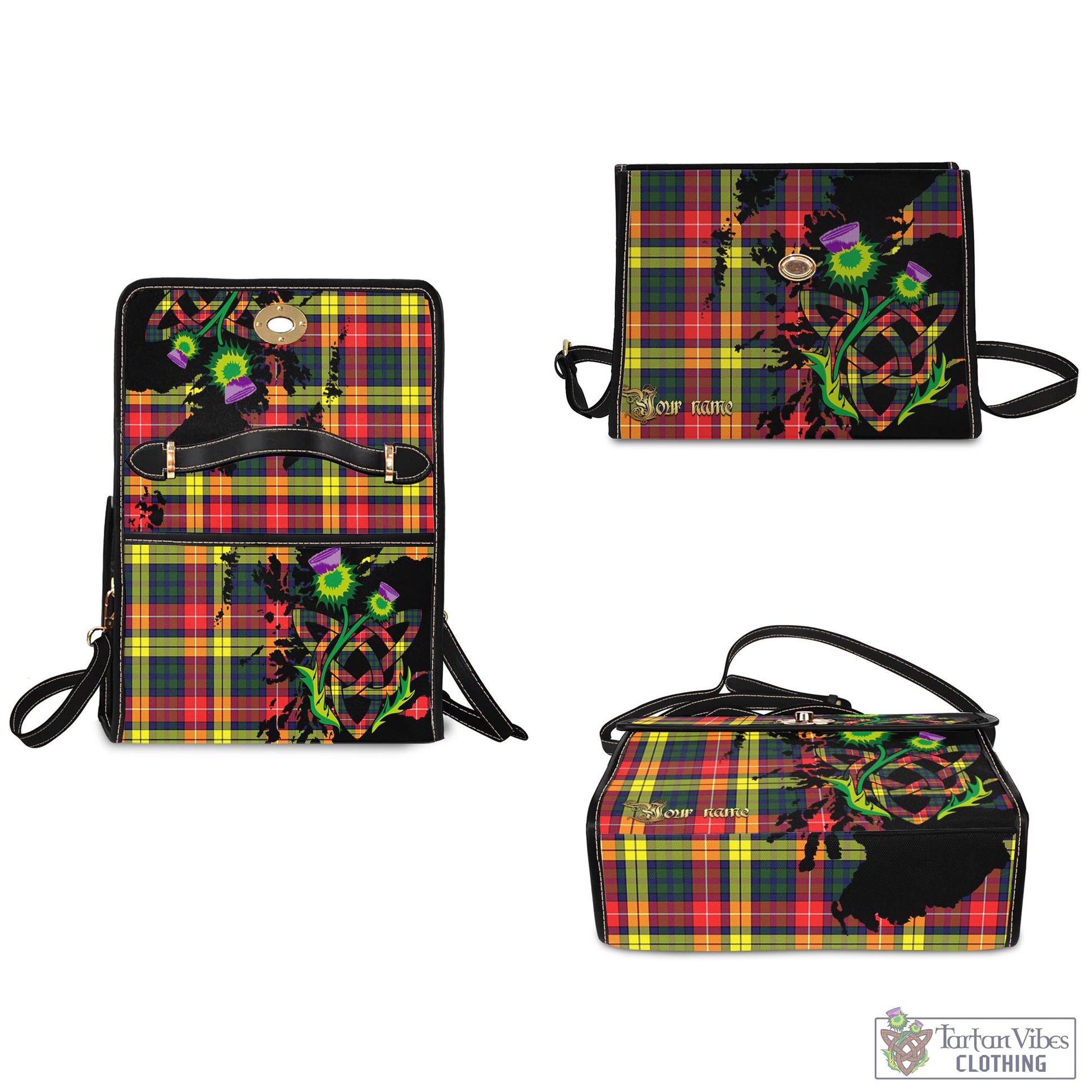 Tartan Vibes Clothing Dewar Tartan Waterproof Canvas Bag with Scotland Map and Thistle Celtic Accents