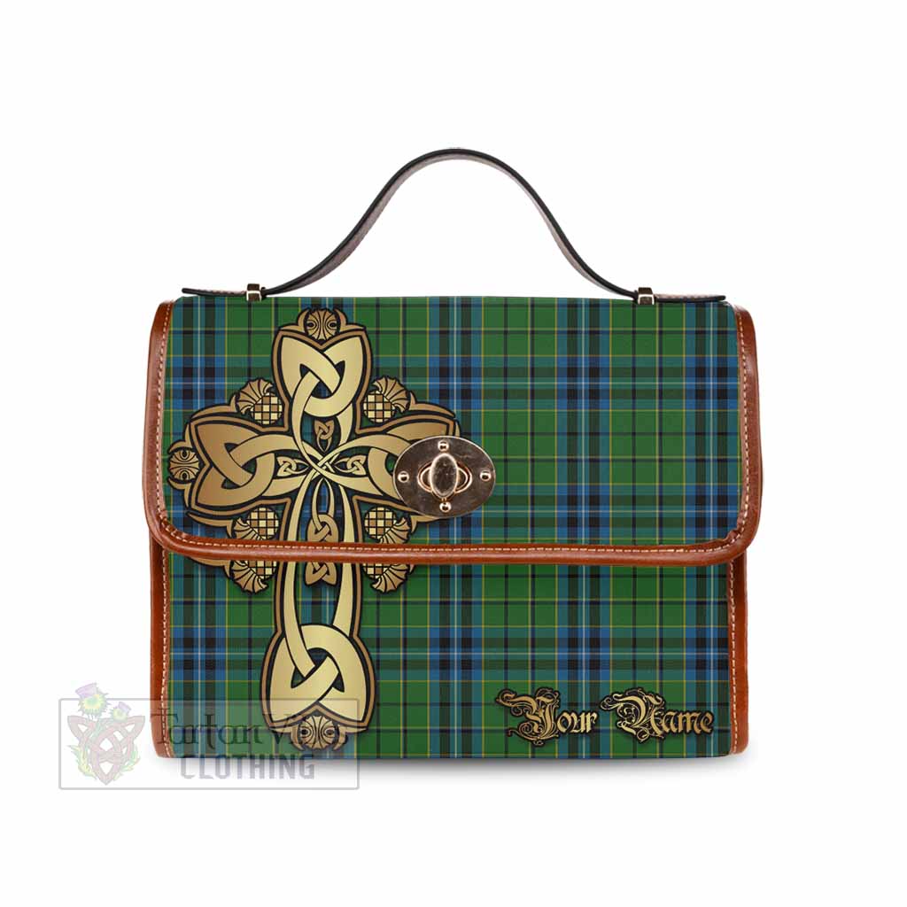 Dick Tartan Waterproof Canvas Bag Golden Thistle Celtic Cross Style Brown Leather Strap One Size 10.5*20*27cm - Tartan Vibes Clothing