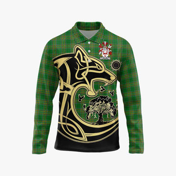 Dillon Irish Tartan Long Sleeve Polo Shirt with Coat of Arms Celtic Wolf Style