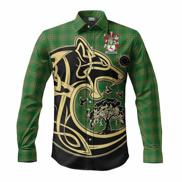 Doherty Irish Tartan Long Sleeve Button Shirt with Coat of Arms Celtic Wolf Style Men's Shirt S - Tartan Vibes Clothing