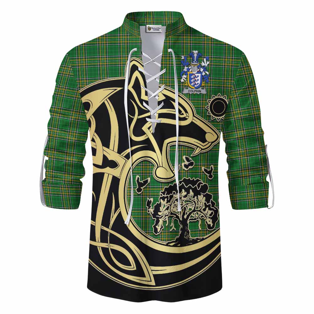 Tartan Vibes Clothing Dolphin Irish Tartan Ghillie Kilt Shirt with Coat of Arms Celtic Wolf Style