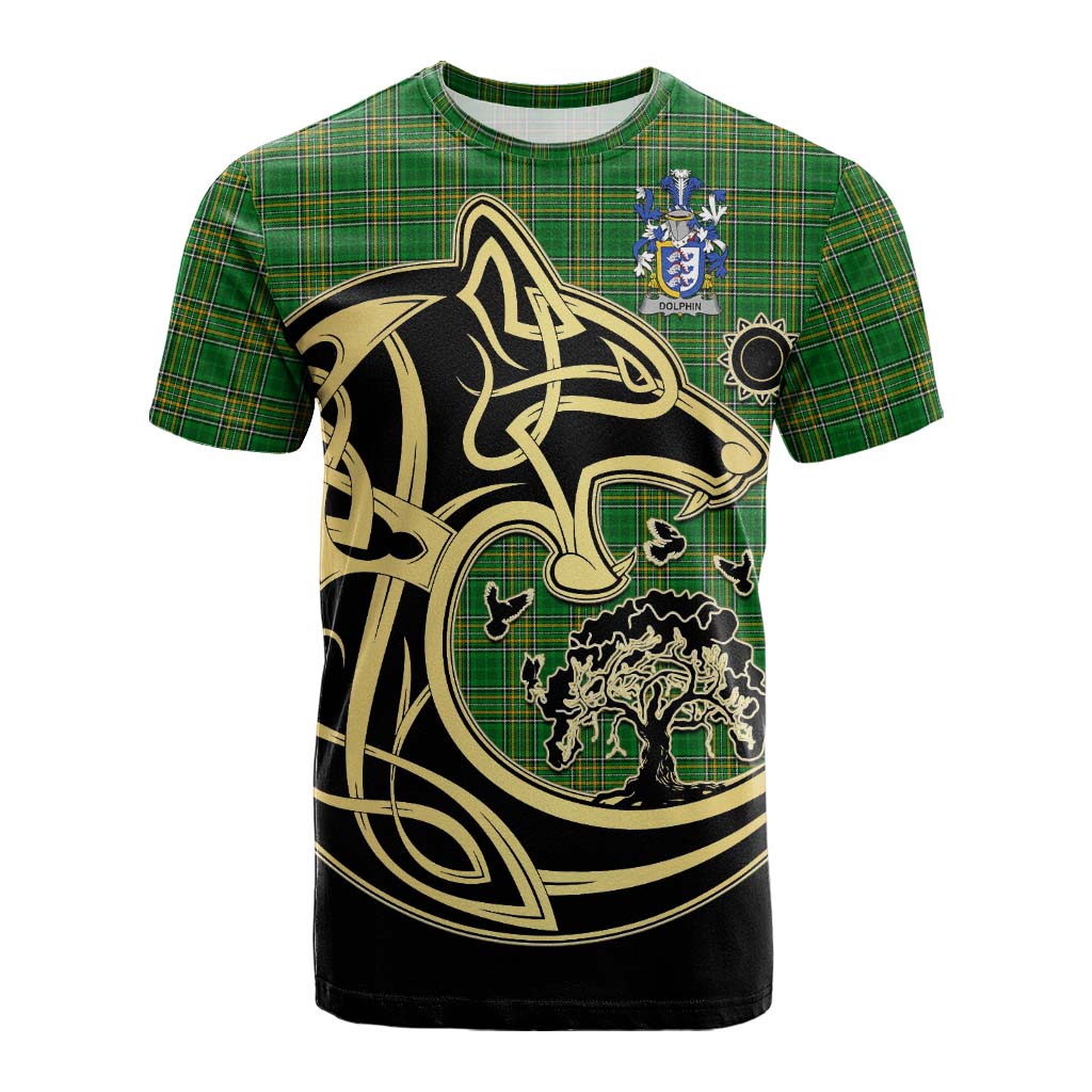 Tartan Vibes Clothing Dolphin Irish Tartan Cotton T-shirt with Coat of Arms Celtic Wolf Style