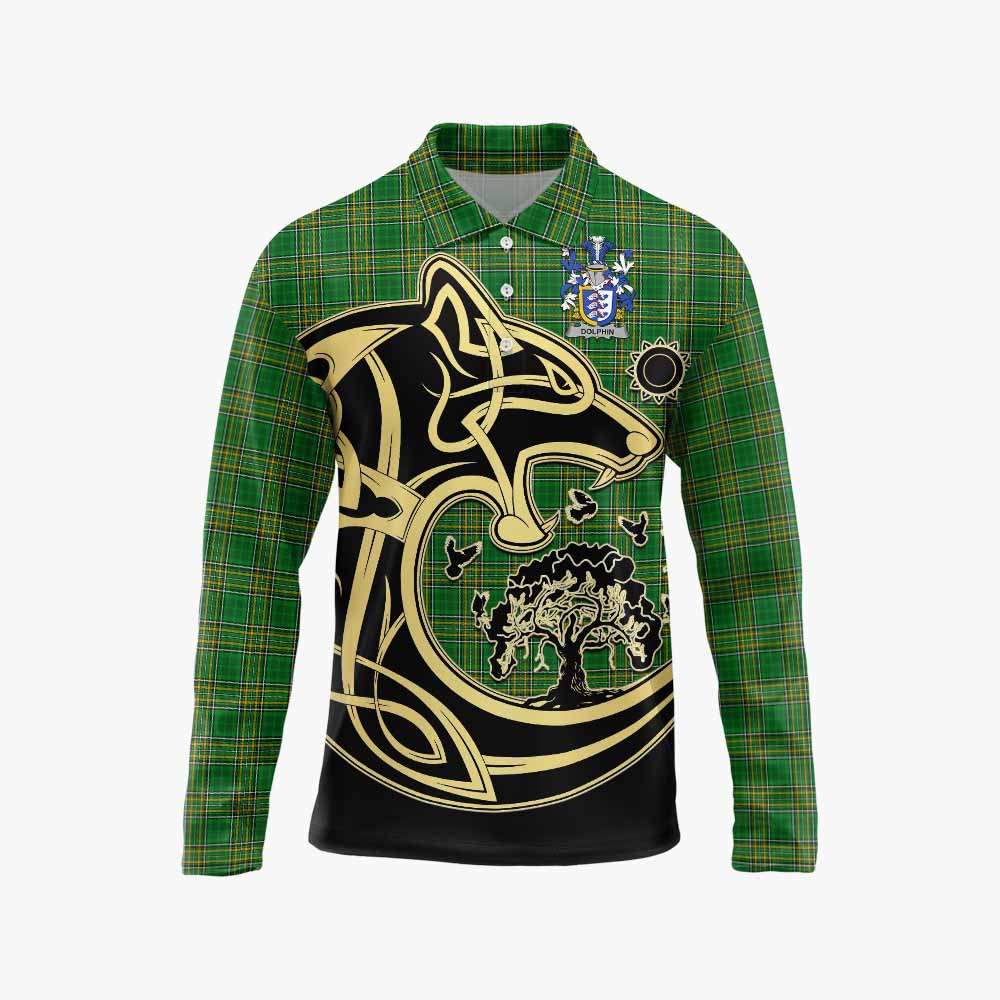 Tartan Vibes Clothing Dolphin Irish Tartan Long Sleeve Polo Shirt with Coat of Arms Celtic Wolf Style