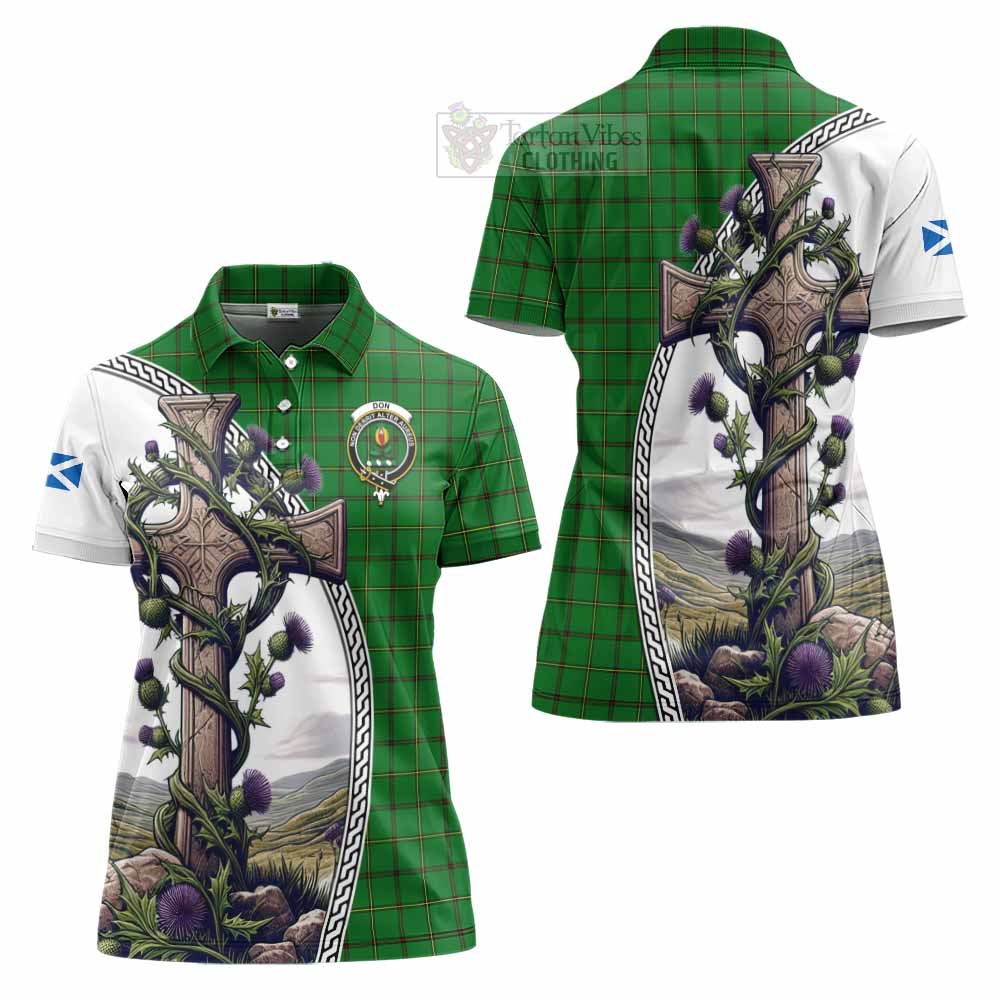 Tartan Vibes Clothing Don Tartan Women's Polo Shirt with Family Crest and St. Andrew's Cross Accented by Thistle Vines