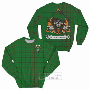 Don Tartan Sweatshirt with Family Crest and Bearded Skull Holding Bottles of Whiskey