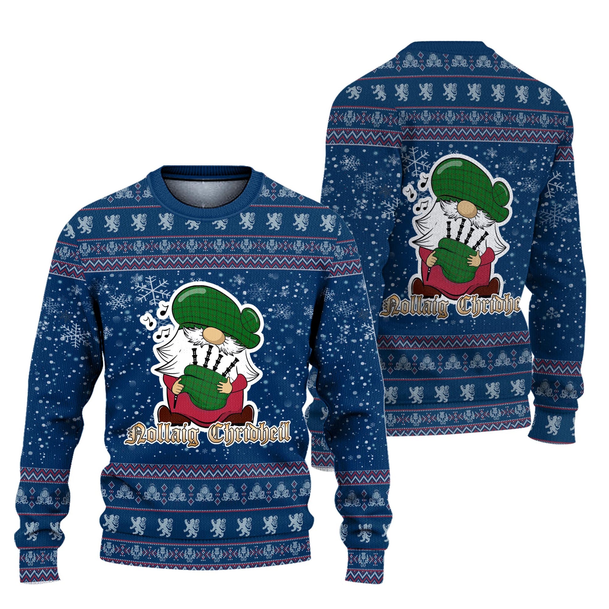 Don Clan Christmas Family Knitted Sweater with Funny Gnome Playing Bagpipes Unisex Blue - Tartanvibesclothing