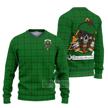 Don Tartan Ugly Sweater with Family Crest and Bearded Skull Holding Bottles of Whiskey