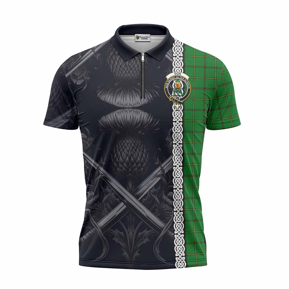 Tartan Vibes Clothing Don Tartan Zipper Polo Shirt with Family Crest Cross Sword Thistle Celtic Vibes