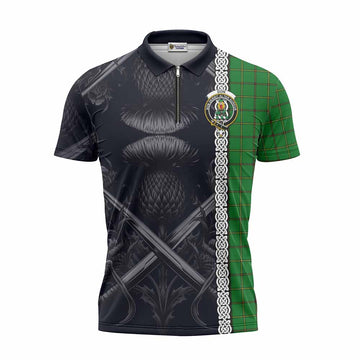 Don Tartan Zipper Polo Shirt with Family Crest Cross Sword Thistle Celtic Vibes