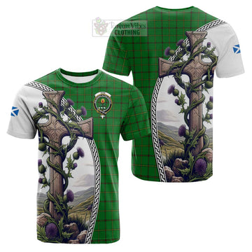 Don Tartan Cotton T-shirt with Family Crest and St. Andrew's Cross Accented by Thistle Vines Kid's Shirt - Tartan Vibes Clothing
