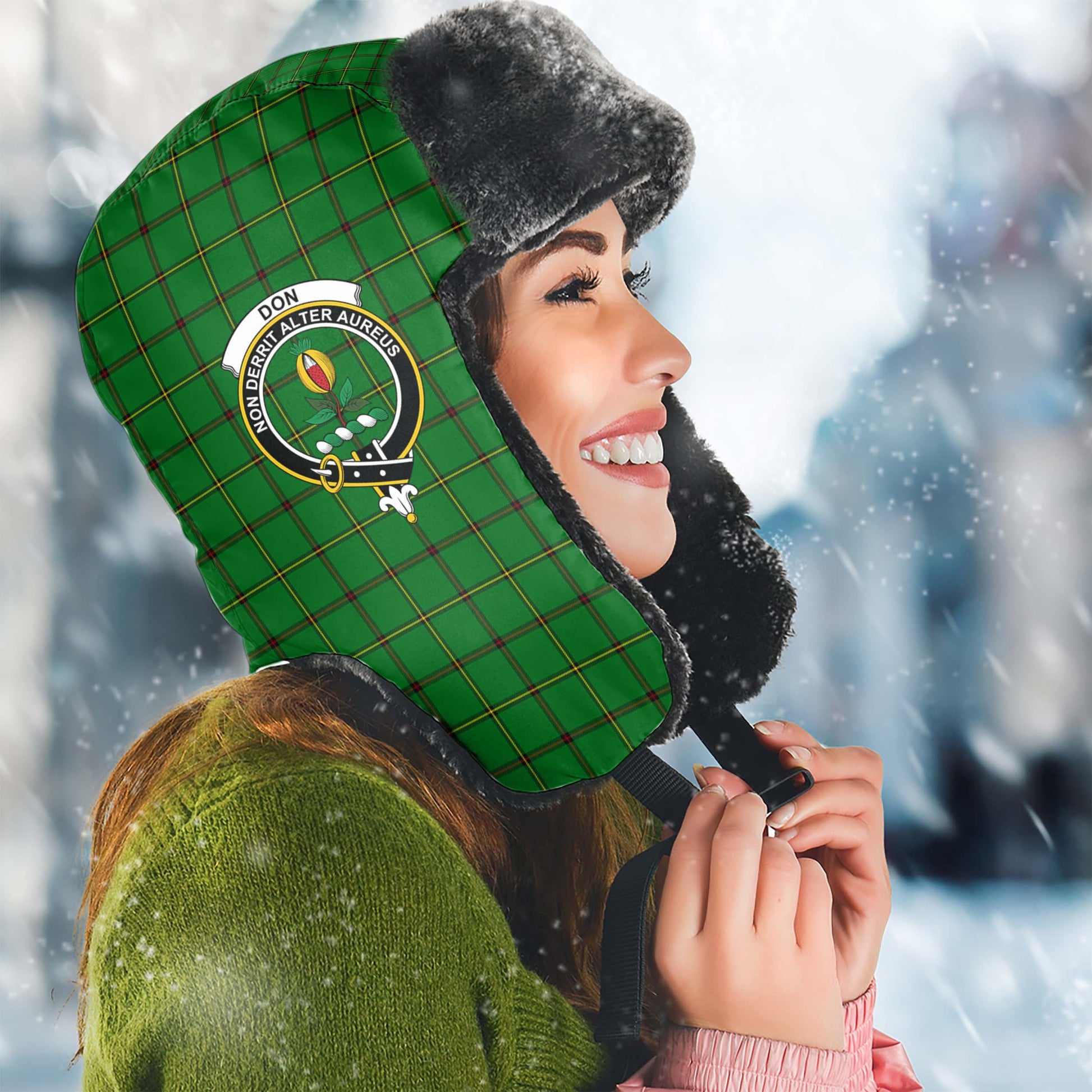 Don Tartan Winter Trapper Hat with Family Crest Winter Trapper Hat Universal Fit Circumference 22.8in (58cm) - Tartanvibesclothing