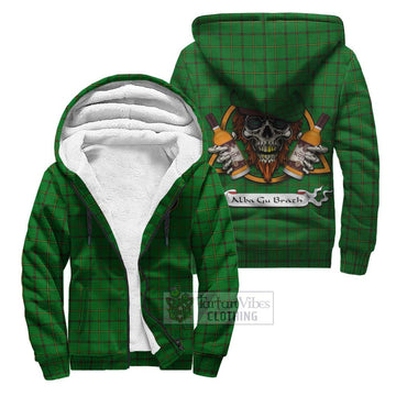 Don Tartan Sherpa Hoodie with Family Crest and Bearded Skull Holding Bottles of Whiskey