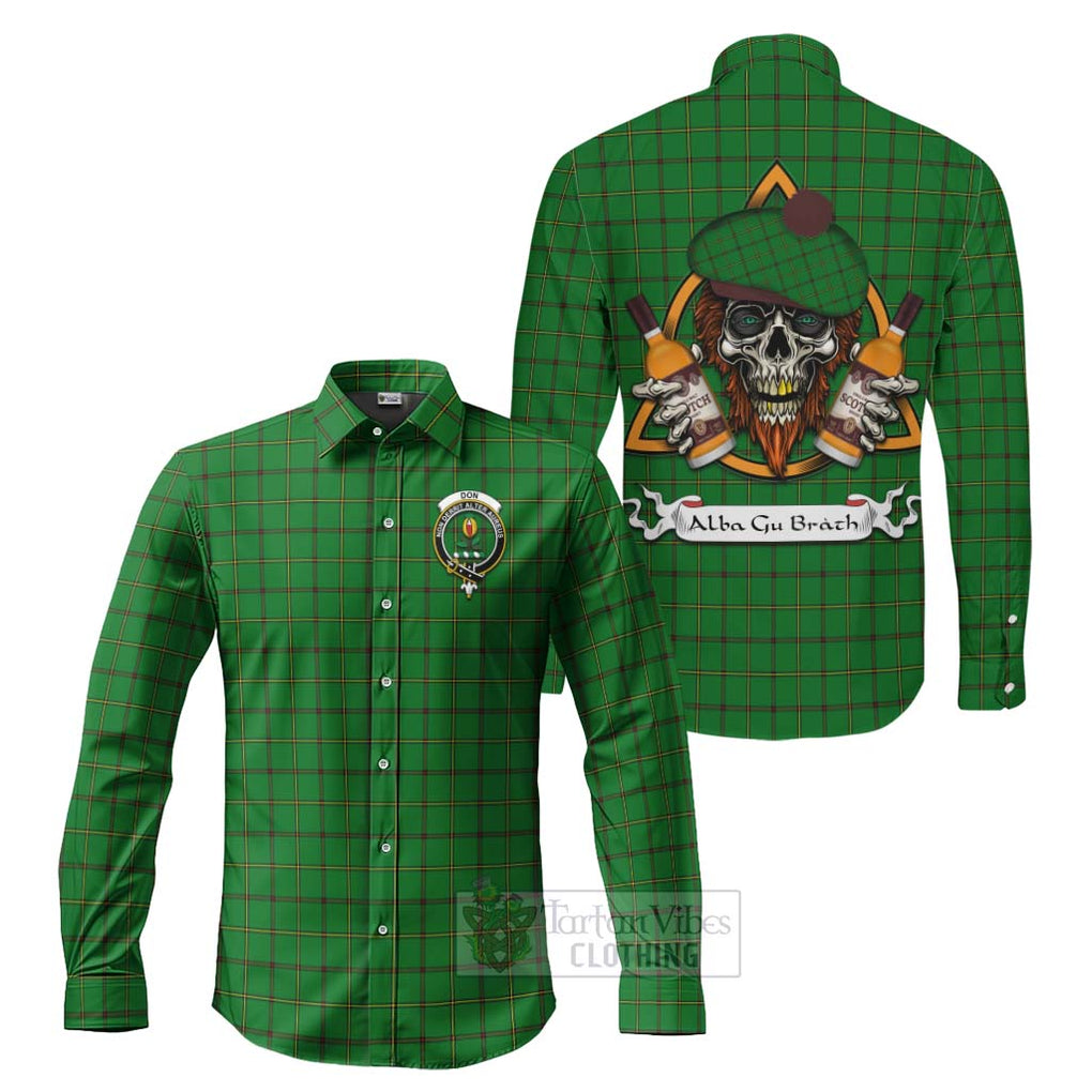 Tartan Vibes Clothing Don Tartan Long Sleeve Button Shirt with Family Crest and Bearded Skull Holding Bottles of Whiskey