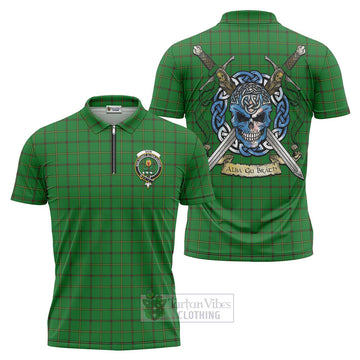 Don Tartan Zipper Polo Shirt with Family Crest Celtic Skull Style