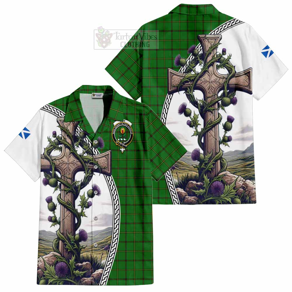 Don Tartan Hawaiian Shirt with Family Crest and St. Andrew's Cross Accented by Thistle Vines Kid - Tartan Vibes Clothing