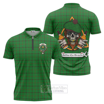 Don Tartan Zipper Polo Shirt with Family Crest and Bearded Skull Holding Bottles of Whiskey