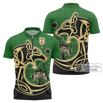 Don Tartan Zipper Polo Shirt with Family Crest Celtic Wolf Style