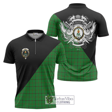 Don Tartan Zipper Polo Shirt with Family Crest and Military Logo Style